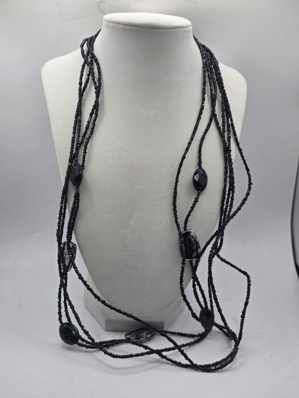 Vintage 80s 90s Multi Strand Black Seed Bead Flapper Necklace Deco Reviva